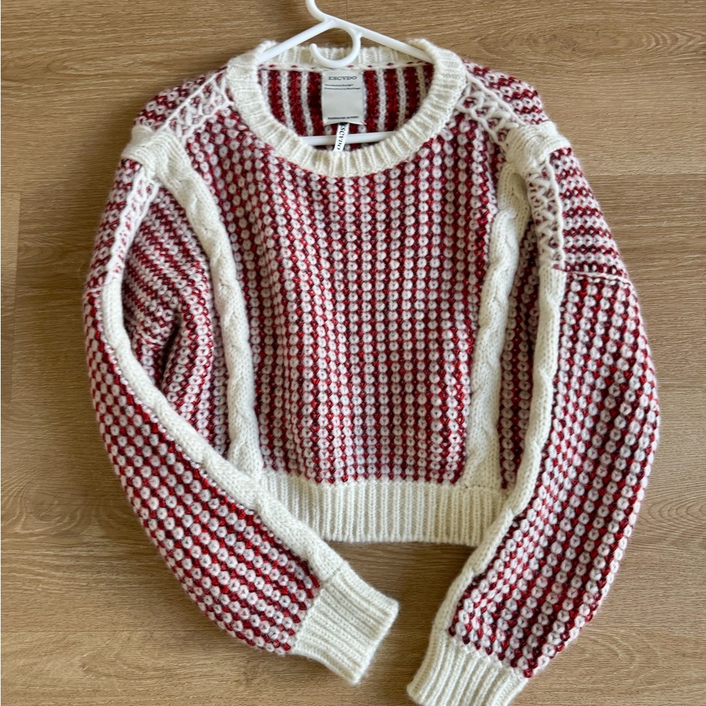 Escvdo Baby Alpaca Cropped Sweater Red Cream Handmade Peru XS